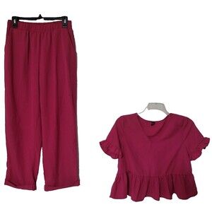 Shein 2-Piece Top & Pants Set Women L Pink Peplum Shirt Cuffed Hem Pants…